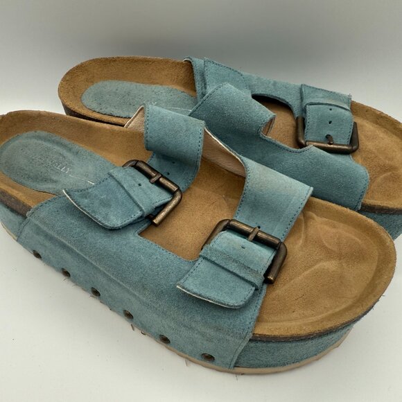 Women Free People Blue Suede Double-Buckle Platform Sandals